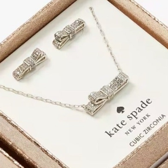 NIB KATE SPADE NEW YORK Silver Tone Mini Pave CZ Ribbon Necklace & Earr… - Picture 8 of 8